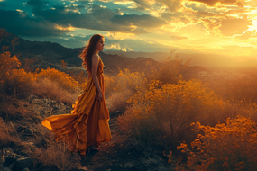 日暮黄昏唯美高山风光美女写真图片